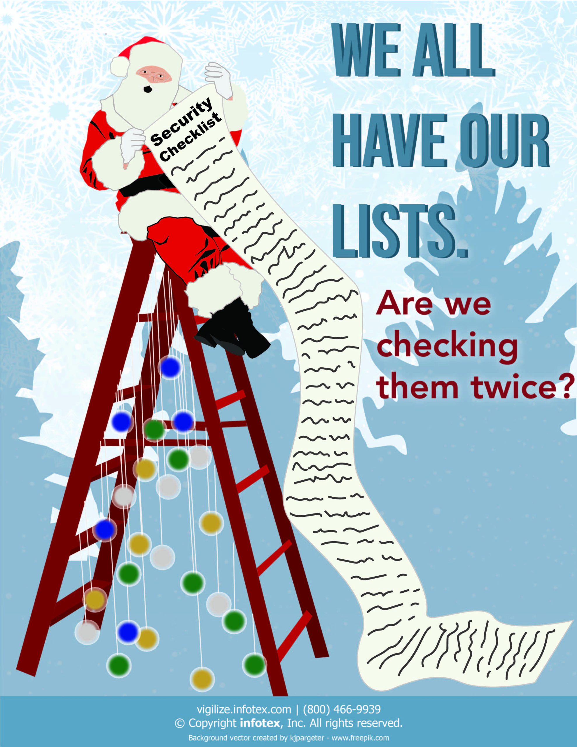cartoon santa on ladder with long list, text says 